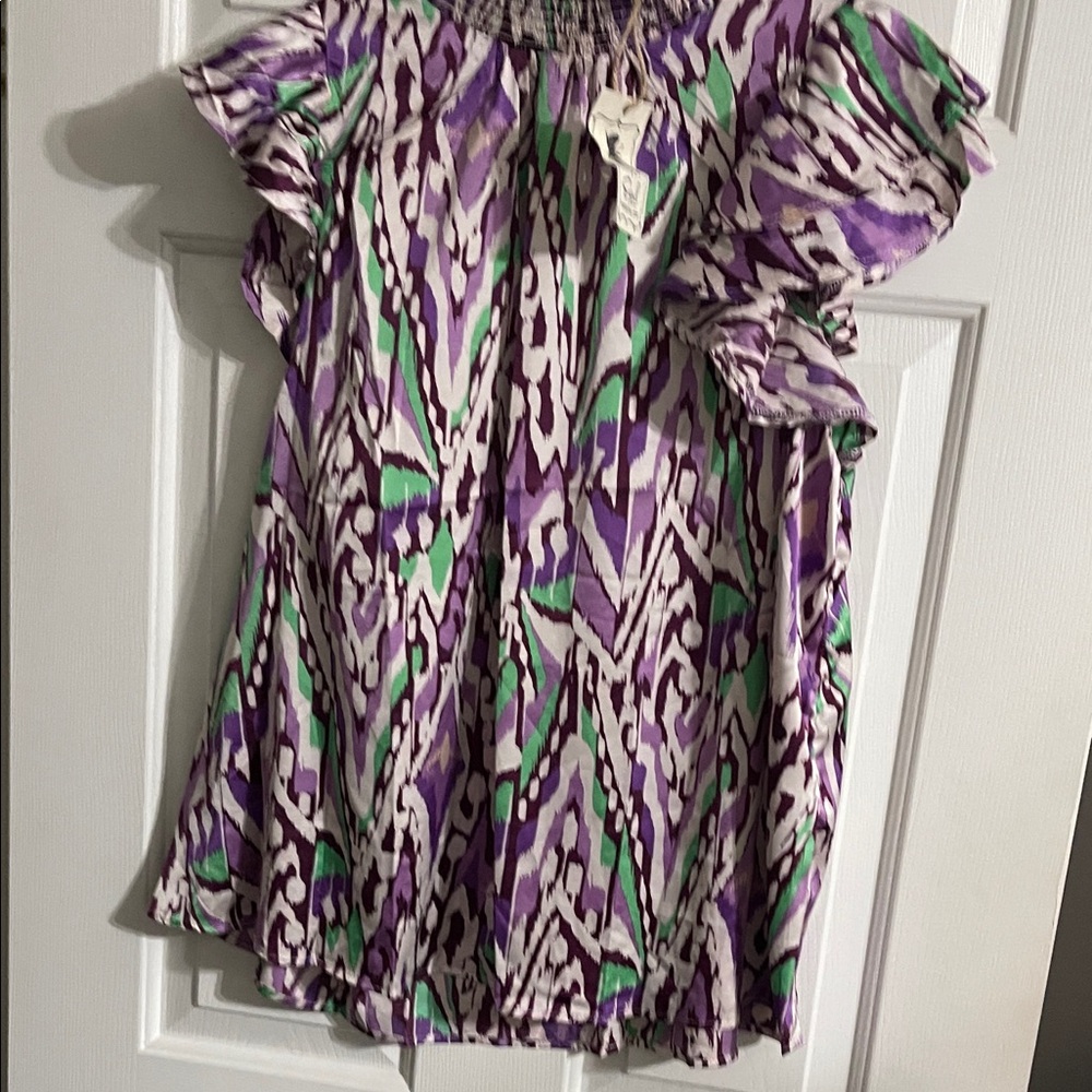 Purple & Green Patterned Ruffle Sleeve Blouse
